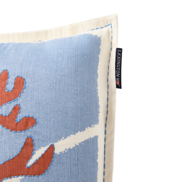 Summer Print/Embroidered Linen/Cotton Pillow Cover Sky Blue/Coral, 50x50, Lexington  2